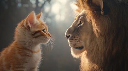 Fototapeta premium Cute kitten looking in mirror, sees elegant lion reflection, high-res, detailed, cinematic.