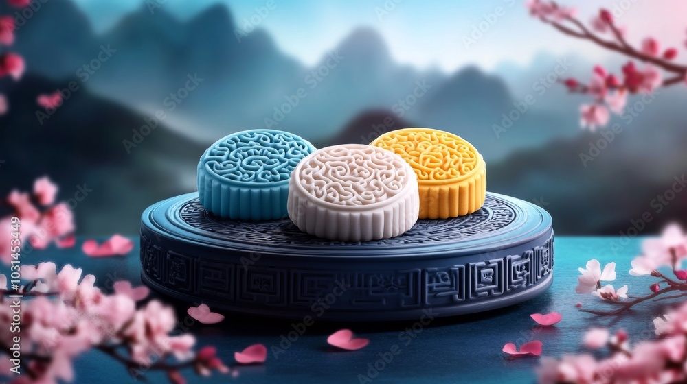 Aufkleber 3d rendering of colorful round cake stand with intricately designed cookies on dark blue surface, pe