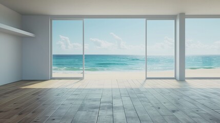 Obraz premium Big window open blue ocean view empty room parquet white wall