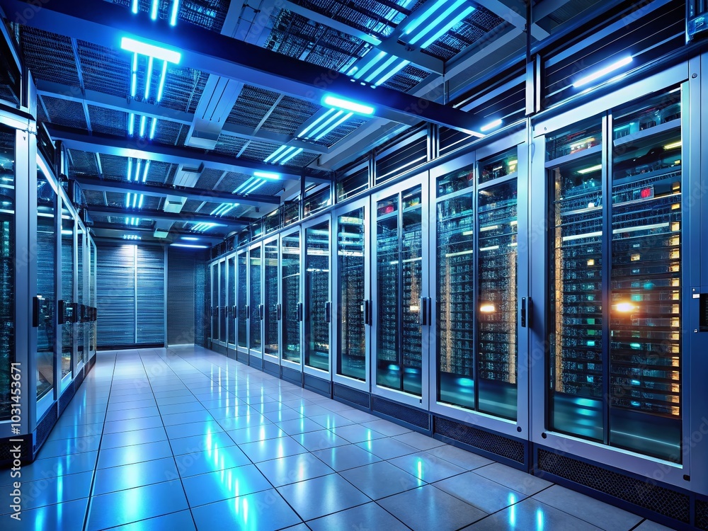 Poster high-density server room with security features in 4k timelapse animation background