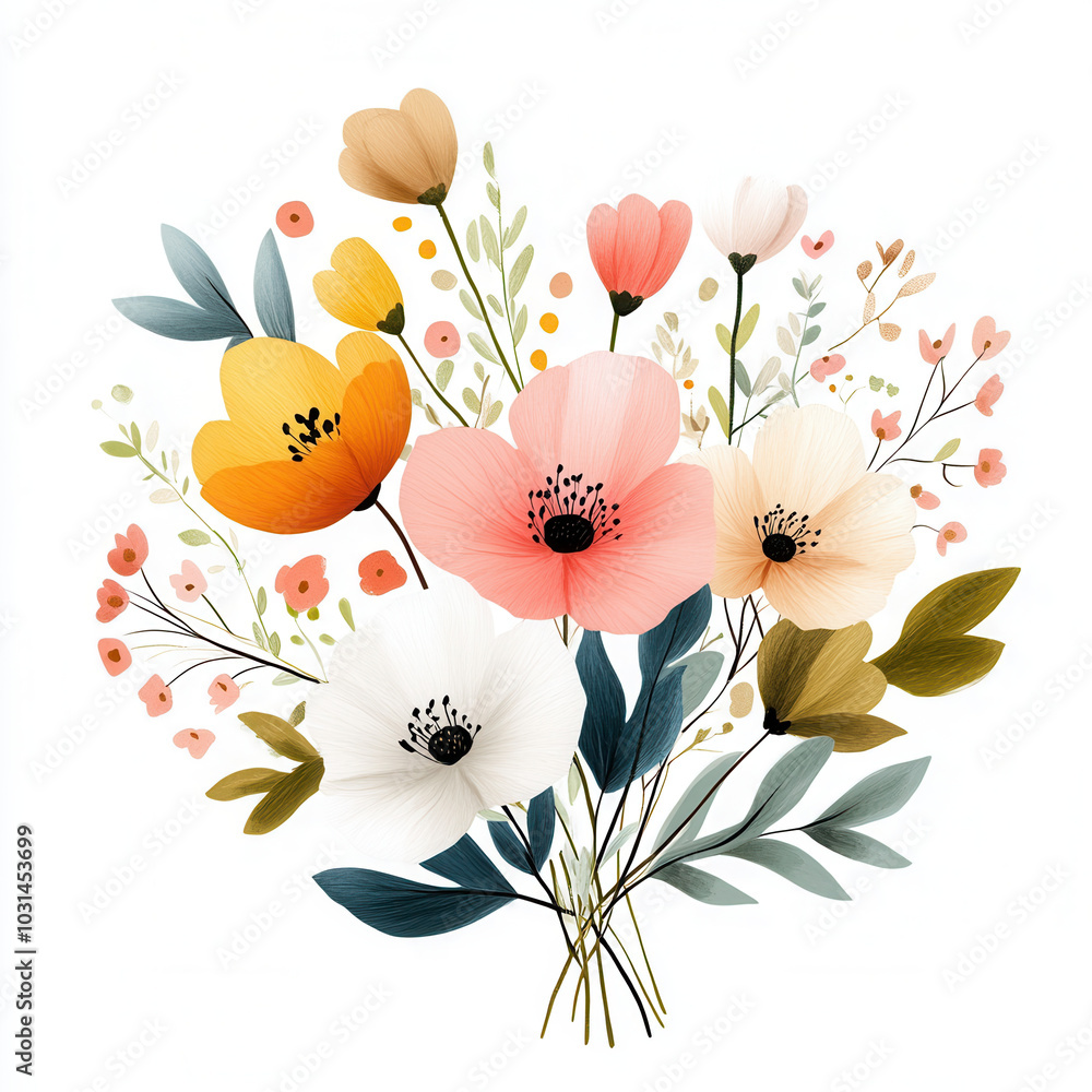 Poster bright and colorful floral arrangement featuring various flowers and leaves, creating cheerful and u