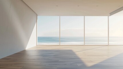 Obraz premium Big window open blue ocean view empty room parquet white wall