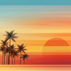serene retro style sunset with palm trees silhouetted against vibrant orange and blue hues, evoking sense of tranquility and nostalgia