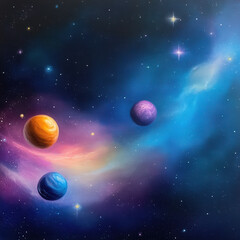 vibrant space scene featuring three colorful planets amidst swirling galaxy of blues, purples, and pinks, evoking sense of wonder and exploration