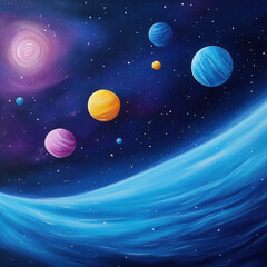 vibrant space scene featuring colorful planets against deep cosmic background, showcasing swirling blue atmosphere and twinkling stars. artwork evokes sense of wonder and exploration