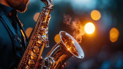 Saxophonist Playing in Spotlight with Warm Bokeh Background