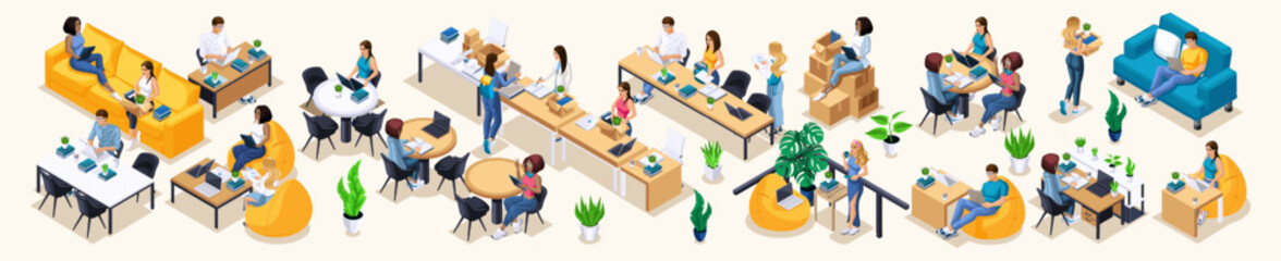 Isometric Kit Students and Furniture. Characters, Personage, Students relax in Comfortable Chair, Study at Beautiful Tables