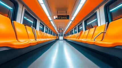 Fototapeta premium Interior of Subway Train with Orange Seats, Neatly Arranged Rows and Bright Colored Walls. No People, High Ceilings, No Parking Sign.