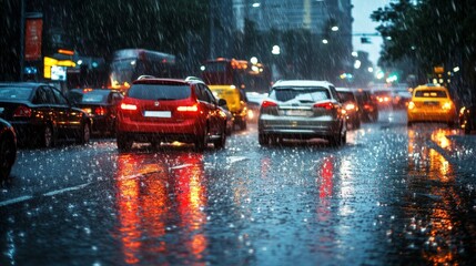 Rainy Cityscape with Cars.