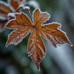 Close-up macro shot of a delicate leaf covered in a fine layer of snow