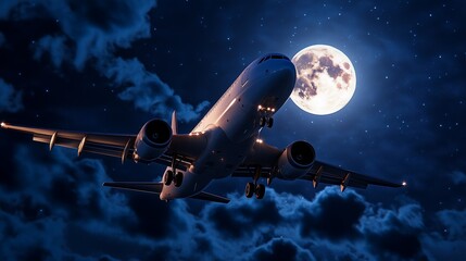 A plane soars through a night sky, illuminated by a bright moon and surrounded by fluffy clouds.