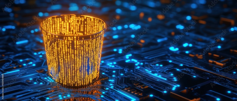 Poster futuristic digital waste bin made of binary codes and glowing particles on a circuit board technolog