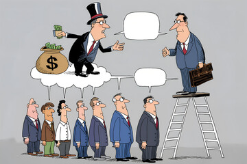 Businessman on Ladder: A satirical cartoon depicts a businessman standing on a ladder, reaching for a bag of money held by a wealthy figure in a top hat, while a crowd of other businessmen look on.