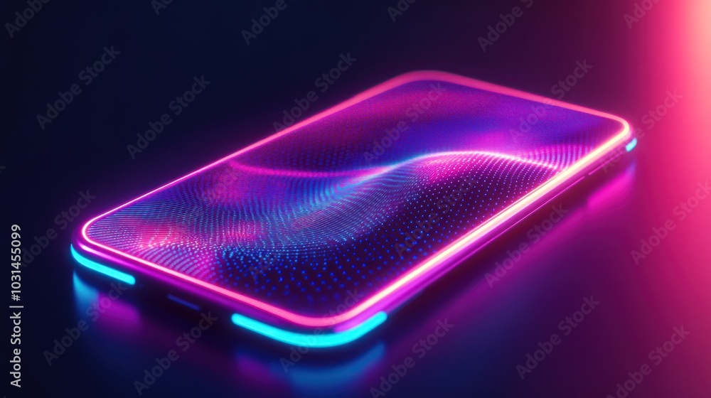 Poster smartphone background with neon waves and lines representing futuristic technology and innovation