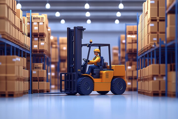 Illustration of factory, Forklift lifting and loading in warehouse, Pallet packing, 3D