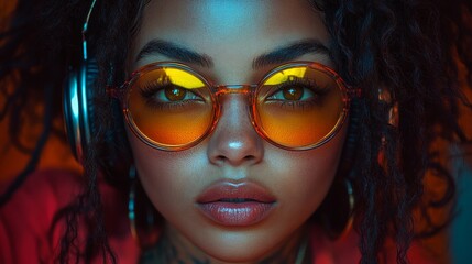 Obraz premium Stylish Mexican woman with curly hair, tattoos, sunglasses, headphones, jewelry, holding a microphone, embodying a mix of hood and hippie