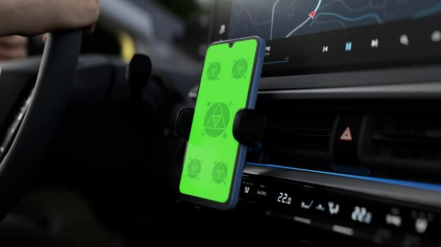 GREEN SCREEN CHROMA KEY A smartphone mounted in a car dashboard with a green screen visible, suitable for navigation or taxi apps. The video was taken inside a vehicle during the day
