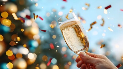 Champagne glasses raised in a toast to welcome the new year at a glamorous sophisticated party Elegant sparkling decor and festive atmosphere for a special celebratory occasion