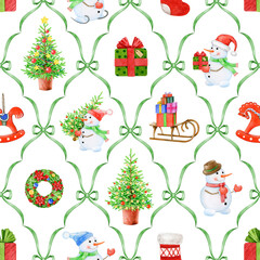 Christmas season festive seamless pattern decoration. Painted fir tree, snowman, Christmas wreath, gifts. Winter time vintage style painted bright decor tile ornament seamless pattern design element