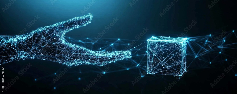 Poster hand reaching out to geometric cube with network pattern on dark blue background, conveying a sense 