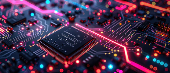 Obraz premium Colorful Pattern Detailed component electronic Circuit mainboard Board Symbolizes technology and innovation 