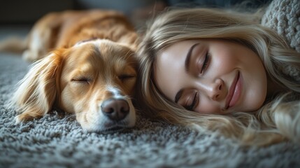 A woman peacefully rests beside a sleeping dog on a soft rug.