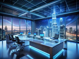 Holographic Cityscape Projection in High-Tech Control Center for Urban Planning and Technology Advancement