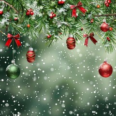 Naklejka premium Snowy Evergreen Branch with Hanging Christmas Ornaments
