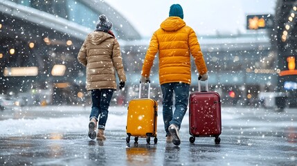 Travelers with suitcases in hand heading home for the holidays through a snowy airport terminal  The image captures the bustling atmosphere of people in transit