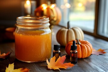 Cozy Autumn Still Life with Pumpkins, Essential Oils, and Fall Leaves on a Wooden Table in a Kitchen Setting