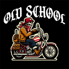 Illustration Vector Graphic of Skull Ridding A chopper bike with style isolated black color
