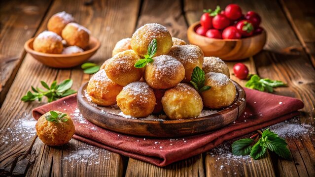 Homemade Croatian Fritters Fritule: Traditional Sweet Treats on Wooden Background Perfect for Festive Occasions and