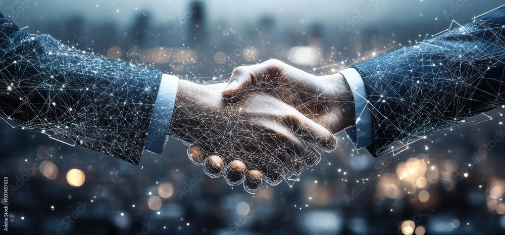 Poster close-up shot of two men shaking hands in cityscape with digital network lines connecting them, symb