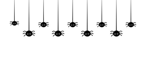 Halloween hanging spider border frame. Holiday celebration, october, party, trick or treat concepts. Flat decorative vector design isolated illustration.