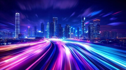 Fototapeta premium Vibrant City Skyline at Night with Colorful Lights and Dynamic Energy, Featuring Mix of Modern High-rise Structures.