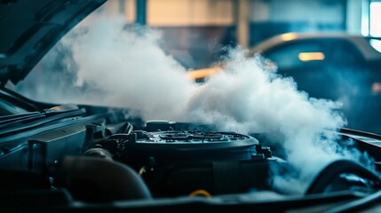 Smoke billowing from white car engine in garage, revealing air filter components. Mysterious and dramatic atmosphere in photo.