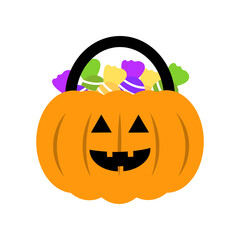 Halloween pumpkin candy bucket. Holiday celebration, october, party, trick or treat concepts. Flat decorative vector design isolated illustration.