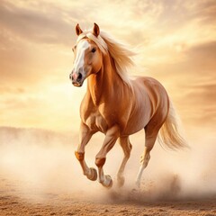 Obraz premium A powerful horse gallops through a dusty landscape at sunset, showcasing its beauty and strength in vibrant, golden light.