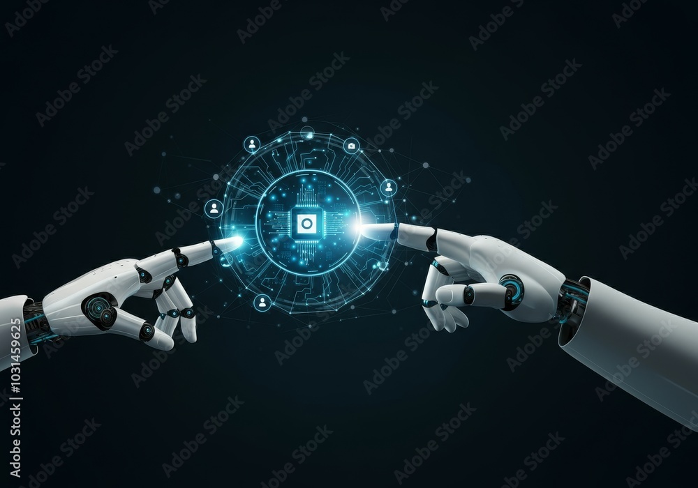 Poster ai, machine learning, hands of robot and human touching on big data network connection background, s