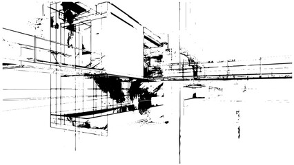 Distressed sketch of building with dust on isolated background, The Fascinating World of Abstract Architectural Drawings.