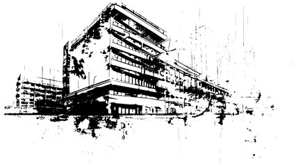 Fototapeta premium Distressed sketch of building with dust on isolated background, The Fascinating World of Abstract Architectural Drawings.
