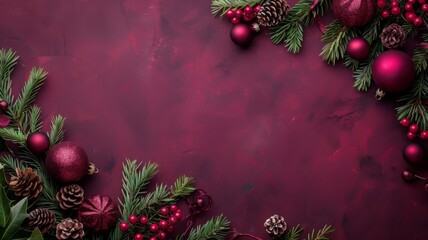 Christmas Ornament and Pine Branch Border on Red Background
