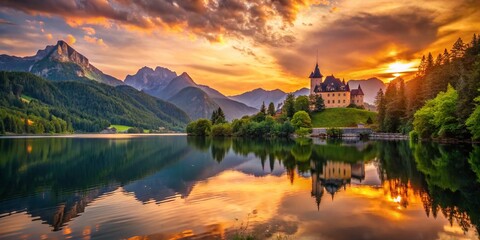 Fototapeta premium Idyllic Castle Landscape at Sunset - Serene Lake and Mountains