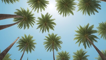 Obraz premium landscape illustration featuring a group of tall palm trees set against a clear, pale blue sky capturing the trees from a low angle, emphasizing their height and slender trunks