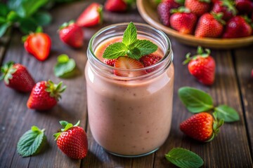 Strawberry smoothie in jar with fresh mint on wooden table