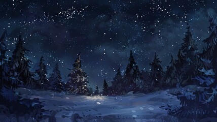 Fototapeta premium A Snowy Forest Under a Starry Night Sky