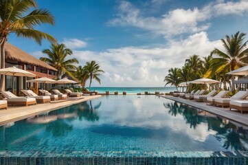a pool with a view of the ocean and palm trees