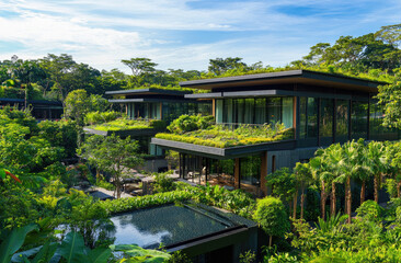 an eco-friendly urban setting in Singapore, showcasing greenery on the rooftops and balconies of tall buildings, with architectural elements reflecting sustainable design.