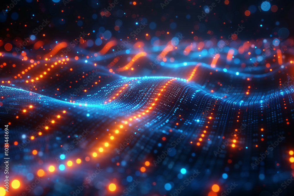 Poster dynamic digital landscape illustrating a futuristic network of glowing blue and red nodes across a r
