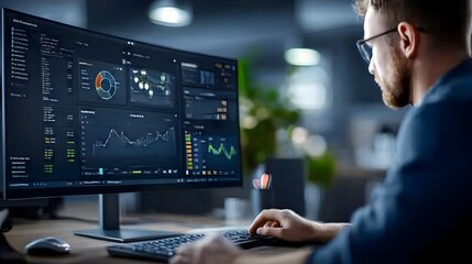 Fototapeta premium Comprehensive data analysis and performance insights displayed on a large computer monitor featuring detailed graphs charts and other data visualization elements for business finance
